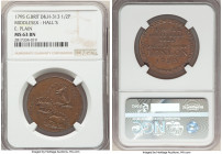 Middlesex. Hall's copper 1/2 Penny Token 1795 MS63 Brown NGC, D&H-313. Edge: Plain. Legends above Kangaroo, armadillo and rhinoceros / THE FIRST ARTIS...