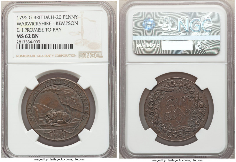 Warwickshire. Birmingham - Kempson copper Penny Token 1796 MS62 Brown NGC, D&H-2...