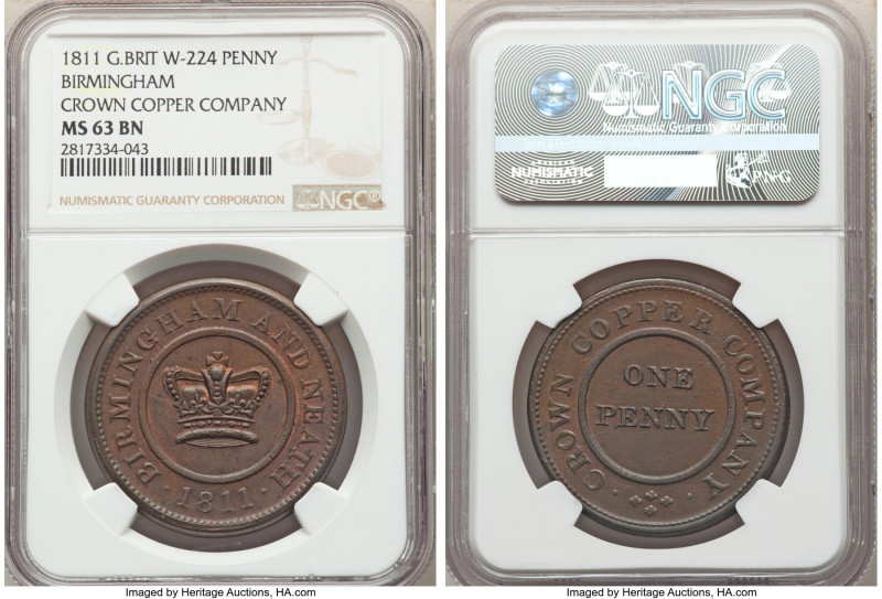 Warwickshire. Birmingham copper Penny Token 1811 MS63 Brown NGC, W-224. CROWN CO...