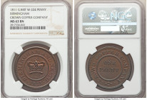 Warwickshire. Birmingham copper Penny Token 1811 MS63 Brown NGC, W-224. CROWN COPPER COMPANY four quadrilobe's arranged in quadrilobe pattern, ONE PEN...