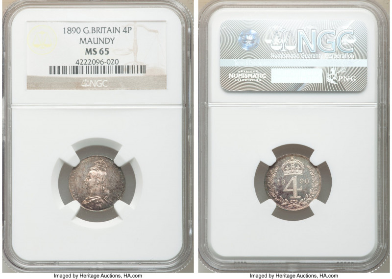 Victoria 4-Piece Certified Maundy Set 1890 MS65 NGC, 1) Penny - KM770 2) 2 Pence...
