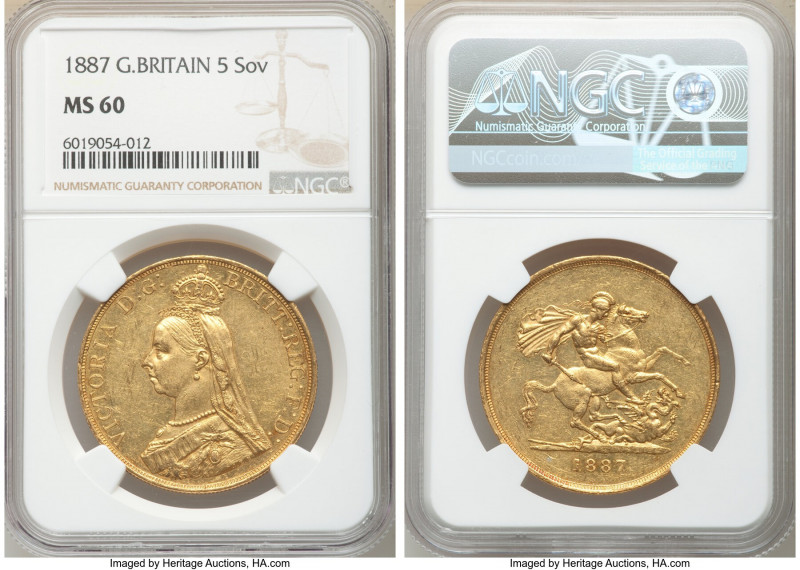 Victoria gold 5 Pounds 1887 MS60 NGC, KM769, S-3864. AGW 1.1775 oz. 

HID09801...