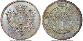 Republic copper Proof Pattern 10 Pesos 1871 PR63 Brown NGC, KM-Pn18. Plain edge. Teal and gold toned, small edge bump at 9 o'clock and scratch on obve...