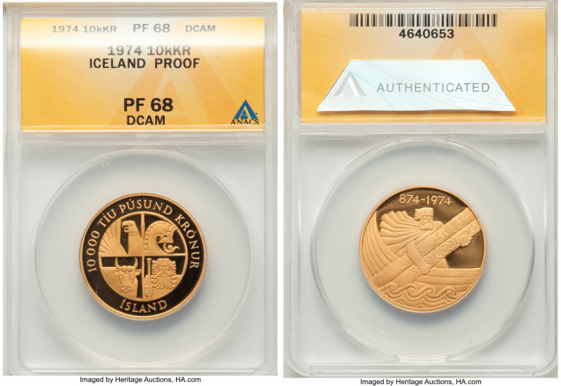 Republic gold Proof 10,000 Kronur 1974 PR68 Deep Cameo ANACS, KM22. Commemorates...