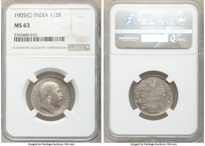 British India. Edward VII 1/2 Rupee 1905-(c) MS63 NGC, Calcutta mint, KM507. Bat...