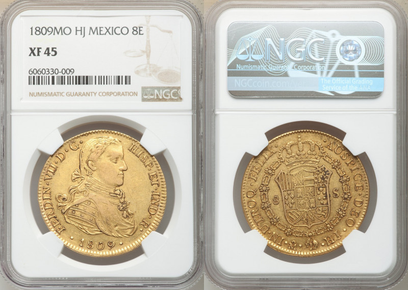 Ferdinand VII gold 8 Escudos 1809 Mo-HJ XF45 NGC, Mexico City mint, KM160. AGW 0...