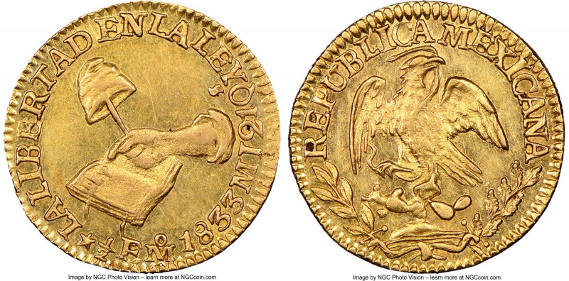 Republic gold 1/2 Escudo 1833 Mo-MJ MS61 NGC, Mexico City mint, KM378.5. Olive a...
