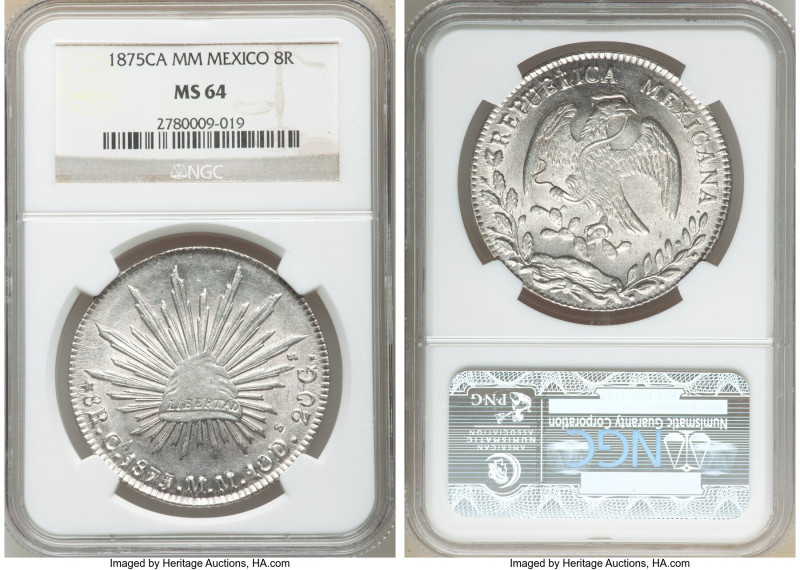 Republic 8 Reales 1875 Ca-MM MS64 NGC, Chihuahua mint, KM377.2, DP-Ca51. Opalesc...