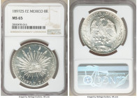 Republic 8 Reales 1897 Zs-FZ MS65 NGC, Zacatecas mint, KM377.13, DP-Zs83. Stunning untoned white surfaces with semi-Prooflike fields and fully struck....