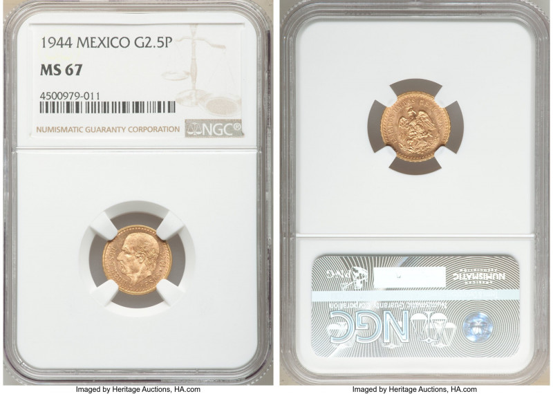 Estados Unidos gold 2-1/2 Pesos 1944 MS67 NGC, Mexico City mint, KM463. 

HID0...
