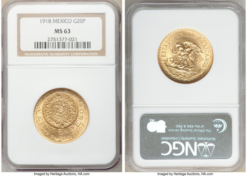 Estados Unidos gold 20 Pesos 1918 MS63 NGC, Mexico City mint, KM478. AGW 0.4822 ...