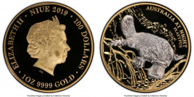 Elizabeth II gold & platinum "Platypus" 100 Dollars 2019 PR69 Deep Cameo PCGS, KM-Unl. Mintage: 150. Australia at Night - Platypus. Gold with selectiv...