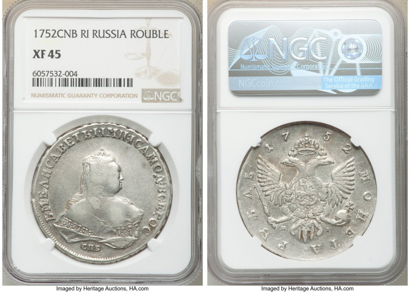 Elizabeth Rouble 1752 CПБ-ЯI XF45 NGC, St. Petersburg mint, KM-C19b.5, Dav-1667,...