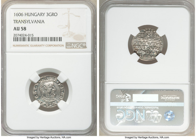 Transylvania. Stephen Bocskai 3 Groschen 1606 AU58 NGC, Resch-87. STE D G HVN TR...