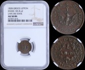 GREECE: 1 Lepton (1828) (type A.1) in copper with phoenix with converging rays. Variety "102-B.a2" by Peter Chase. Coin alignment. Inside slab by NGC ...