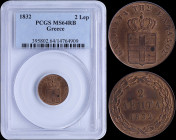 GREECE: 2 Lepta (1832) (type I) in copper with Royal Coat of Arms and "ΒΑΣΙΛΕΙΑ ΤΗΣ ΕΛΛΑΔΟΣ". Inside slab by PCGS "MS 64 RB". (Hellas 39). Ex Vasilako...