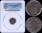 GREECE: 2 Lepta (1857) (type IV) in copper with Royal Coat of Arms and inscription "ΒΑΣΙΛΕΙΟΝ ΤΗΣ ΕΛΛΑΔΟΣ". Inside slab by PCGS "MS 62 BN". (Hellas 54...