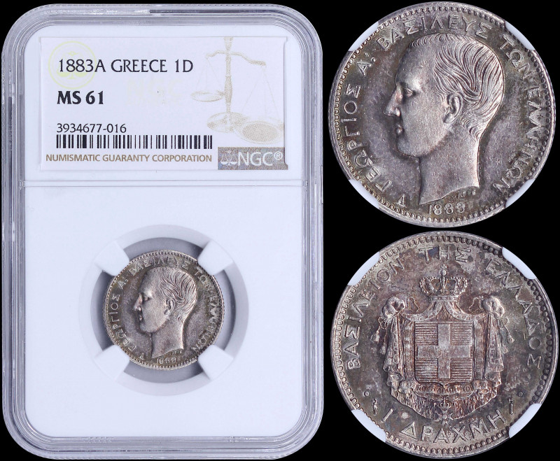 GREECE: 1 Drachma (1883 A) (type I) in silver with head of King George I facing ...