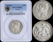 GREECE: 2 Drachmas (1911) (type II) in silver with mature head (different type) of King George I facing left and inscription "ΓΕΩΡΓΙΟΣ Α! ΒΑΣΙΛΕΥΣ ΤΩΝ...