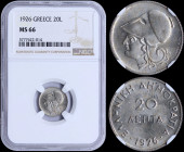 GREECE: 20 Lepta (1926) in copper-nickel with head of Goddess Athena facing left. Inside slab by NGC "MS 66". (Hellas 170).