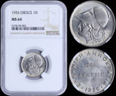 GREECE: 1 Drachma (1926) in copper-nickel with head of Goddess Athena facing left. Inside slab by NGC "MS 64". (Hellas 173).