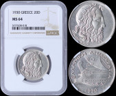GREECE: 20 Drachmas (1930) in silver (0,500) with head of God Poseidon facing right. Inside slab by NGC "MS 64". (Hellas 179).
