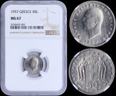 GREECE: 50 Lepta (1957) in copper-nickel with head of King Paul facing left and inscription "ΠΑΥΛΟΣ ΒΑΣΙΛΕΥΣ ΤΩΝ ΕΛΛΗΝΩΝ". Inside slab by NGC "MS 67"....