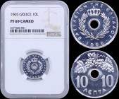 GREECE: 10 Lepta (1965) in copper-nickel with Royal Crown and inscription "ΒΑΣΙΛΕΙΟΝ ΤΗΣ ΕΛΛΑΔΟΣ". Inside slab by NGC "PF 69 CAMEO". Top grade in both...