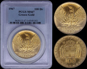 GREECE: 100 Drachmas (1970) (type II) in gold (0,900) commemorating the April 21st 1967 with phoenix and soldier. Inside slab by PCGS "MS 67". (Hellas...