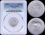 GREECE: 10 Lepta (1978) in aluminum with national Arms and inscription "ΕΛΛΗΝΙΚΗ ΔΗΜΟΚΡΑΤΙΑ". Bull on reverse. Inside slab by PCGS "MS 66". (Hellas 25...
