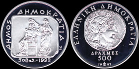GREECE: 500 Drachmas (1993) in silver (0,925) commemorating the 2500 year of Democracy with ancient coin with Pericles and inscription "ΕΛΛΗΝΙΚΗ ΔΗΜΟΚ...