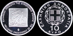 GREECE: 10 Euro (2003) in silver (0,925) commemorating the Hellenic Presidency of E.U.. Inside its official case with CoA with no "005759". (Hellas CE...