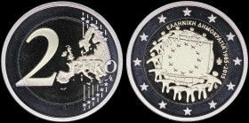 GREECE: 2 Euro (2015) bi-metallic commemorating the 30th anniversary of the EU flag. Inside its official case with CoA with no "0150". Maximum issue: ...
