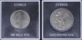 CYPRUS: Set of 500 Mils (1976) + 1 Pound (1976) in copper-nickel commemorating the Refugees. Inside cases of issue. (KM 45+46) & (Fitikides 154B+155B)...