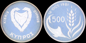 CYPRUS: 500 Mils (ND 1981) in silver (0,925) commemorating the World Food Day with shielded Arms within wreath. Denomination divides swordfish and gra...