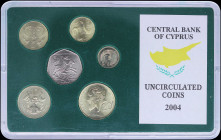 CYPRUS: Coin set (2004) composed of 1 Cent, 2 Cents, 5 Cents, 10 Cents, 20 Cents & 50 Cents. Inside official plastic case issued by the Central Bank o...
