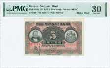 GREECE: 5 Drachmas (NEON 1922 issue / old date 26.8.1918) in black on red and multicolor unpt with portrait of G Stavros at left. S/N: "BP1714 864877"...