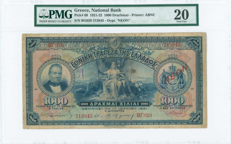 GREECE: 1000 Drachmas (1922 ΝΕΟΝ issue / old date 17.7.1921) in blue on multicol...