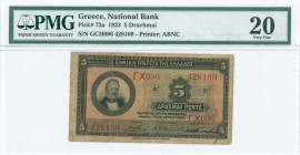 GREECE: 5 Drachmas (28.4.1923) in black on green and multicolor underprint with portrait of G Stavros at left. S/N: "ΓΧ096 428109". Printed signature ...