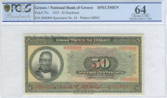 GREECE: Specimen of 50 Drachmas (12.3.1923) in black on multicolor unpt with portrait of G Stavros at left. Red ovpts "SPECIMEN" over value and signat...