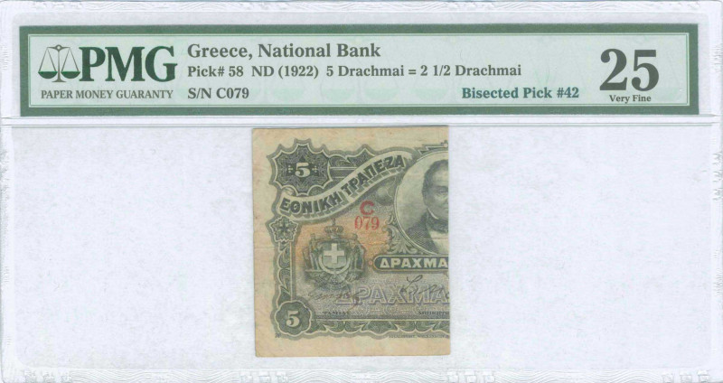 GREECE: Left part of 5 Drachmas (ND) (bisected Hellas #49) of 1922 Emergency Loa...