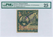 GREECE: Left part of 25 Drachmas (ND) (bisected Hellas #55d) of 1922 Emergency Loan. Two violet cachets "ΑΚΥΡΟΝ" over portrait of Stavros. S/N: "ΞΡ 55...
