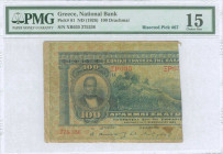 GREECE: Left part of 100 Drachmas (17.2.1922) (cut Hellas #78) of 1926 Emergency Loan. S/N: "ΞΡ035 275336". Inside holder by PMG "Choice Fine 15 - Sta...