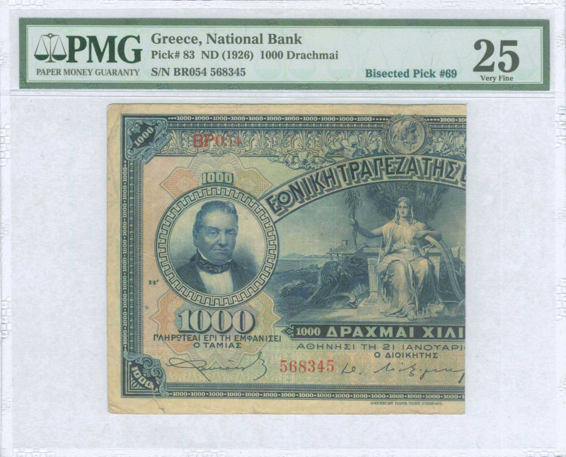 GREECE: Left part of 1000 Drachmas (21.1.1922) (cut Hellas #80h) of 1926 Emergen...