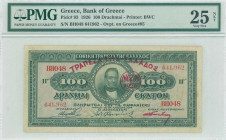 GREECE: 100 Drachmas (ND 1928 / old date 20.4.1923) in dark green with portrait of G Stavros at center. Red ovpt "ΤΡΑΠΕΖΑ ΤΗΣ ΕΛΛΑΔΟΣ" (on Hellas #102...