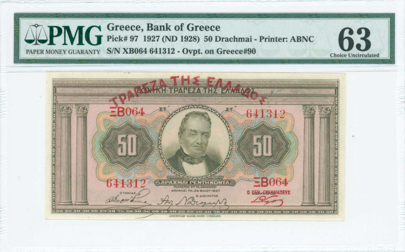 GREECE: 50 Drachmas (ND 1929 / old date 24.5.1927) in light brown on multicolor ...