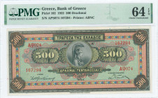 GREECE: 500 Drachmas (1.10.1932) in multicolor with Goddess Athena at center. S/N: "AΨ074 167294". Printed by ABNC. Inside holder by PMG "Choice Uncir...