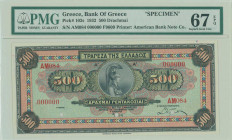 GREECE: Specimen of 500 Drachmas (1.10.1932) in multicolor with portrait of Athena at center. Two red ovpts "SPECIMEN" over values and three cancellat...
