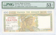GREECE: 100 Drachmas (1.9.1935) in multicolor with Hermes at center. S/N: "AM088 219738". WMK: Goddess Demeter. Printed in France. Inside holder by PM...
