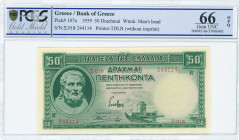 GREECE: 50 Drachmas (1.1.1939) in green with Hesiod at left. Red S/N: "Ξ-018 244114". WMK: Goddess Athena. Printed by TDLR (without imprint). Inside h...